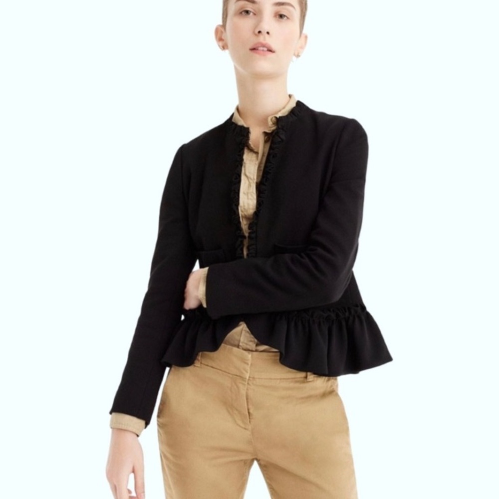 EUC J. Crew The Going-Out Black Lined Blazer with Pockets & Ruffles Size 6